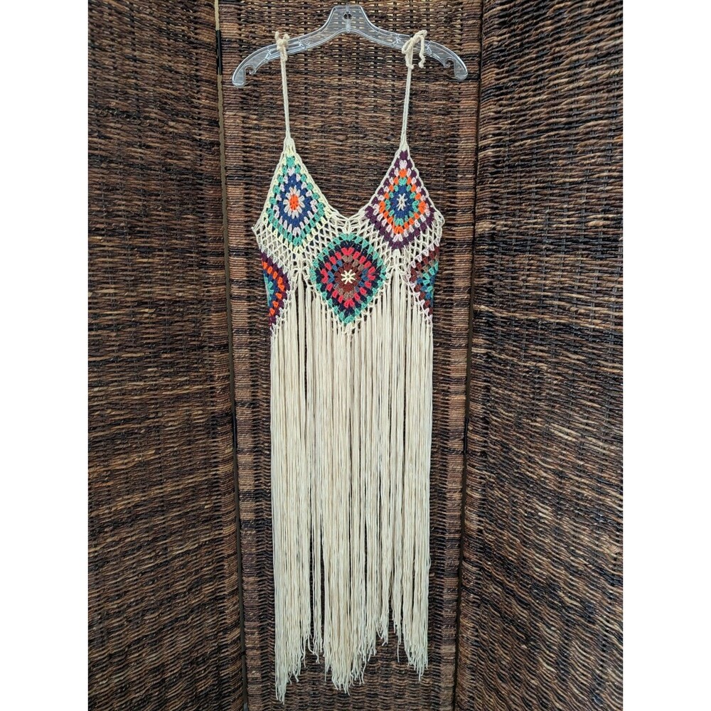 Crochet Granny Square Fringe Crop Top Large Semi Sheer Boho Festival 70s Hippie
